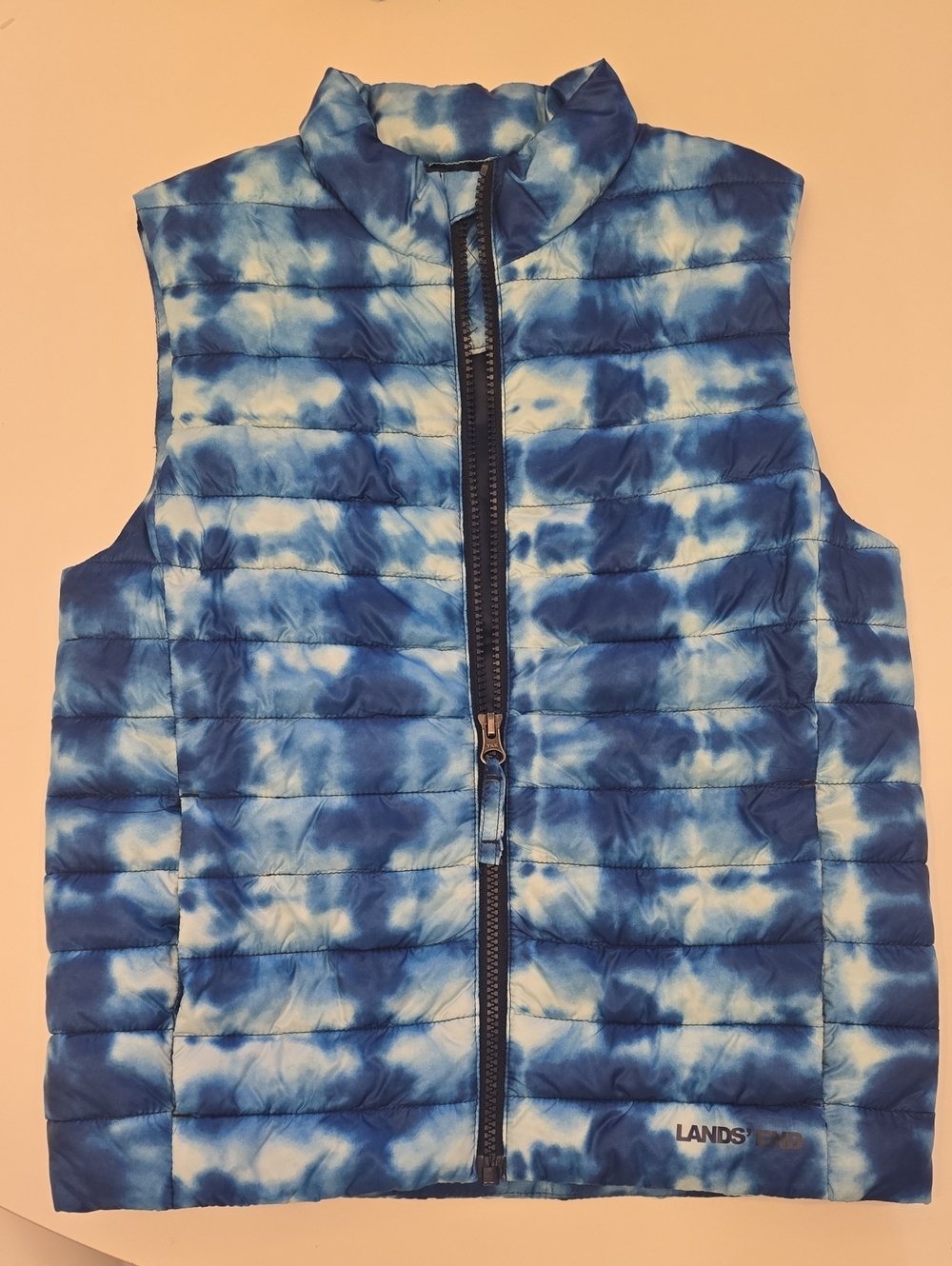 Lands' End Blue and White Tie-Dye Quilted Vest